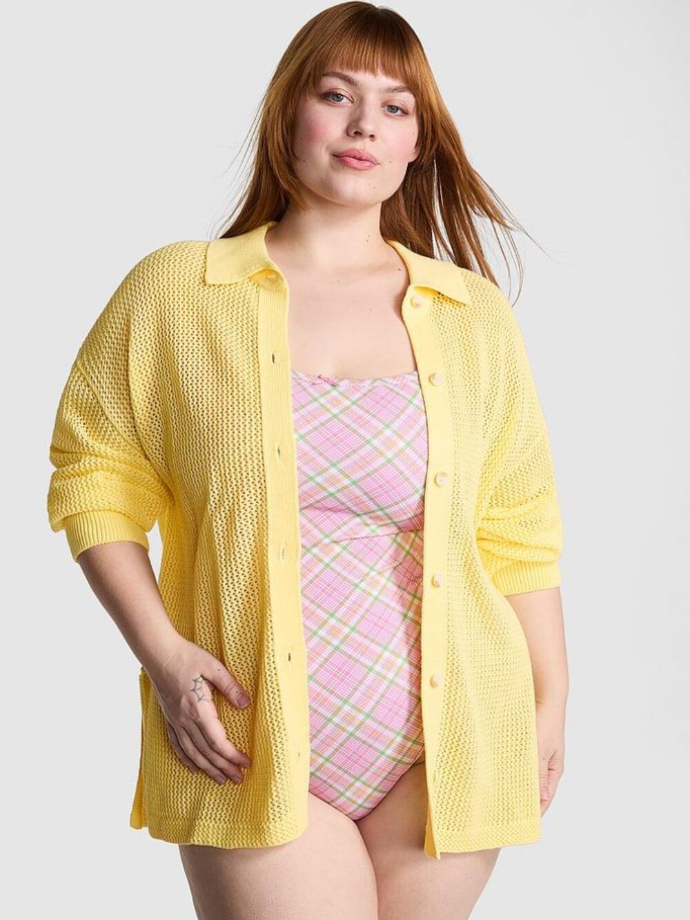 PINK Victoria's Secret Crochet Cotton Button Cardigan Soft Yellow XS NWT
